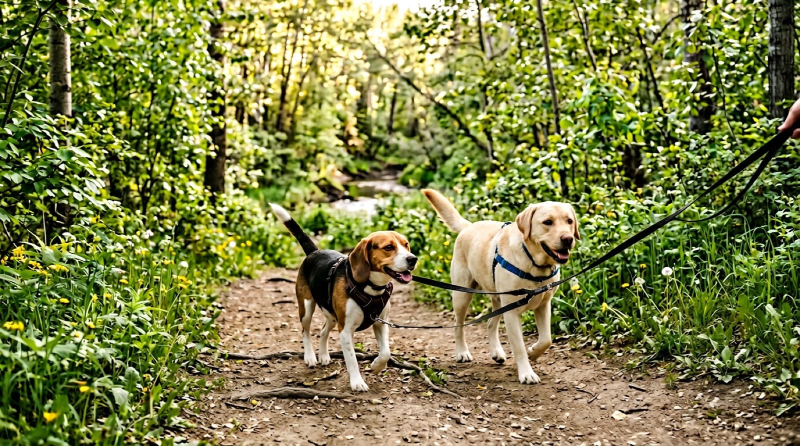 A tri-colour Beagle and a yellow Labrador Retriever walking side-by-side on a Mill Creek Ravine trail in Edmonton, both looking happy and engaged