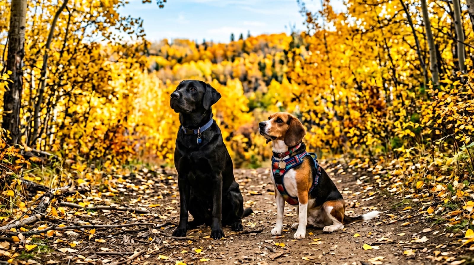 A black Labrador Retriever and a tri-colour Beagle both sitting on a Whitemud Ravine trail attentively, demonstrating positive-reinforcement training with treats
