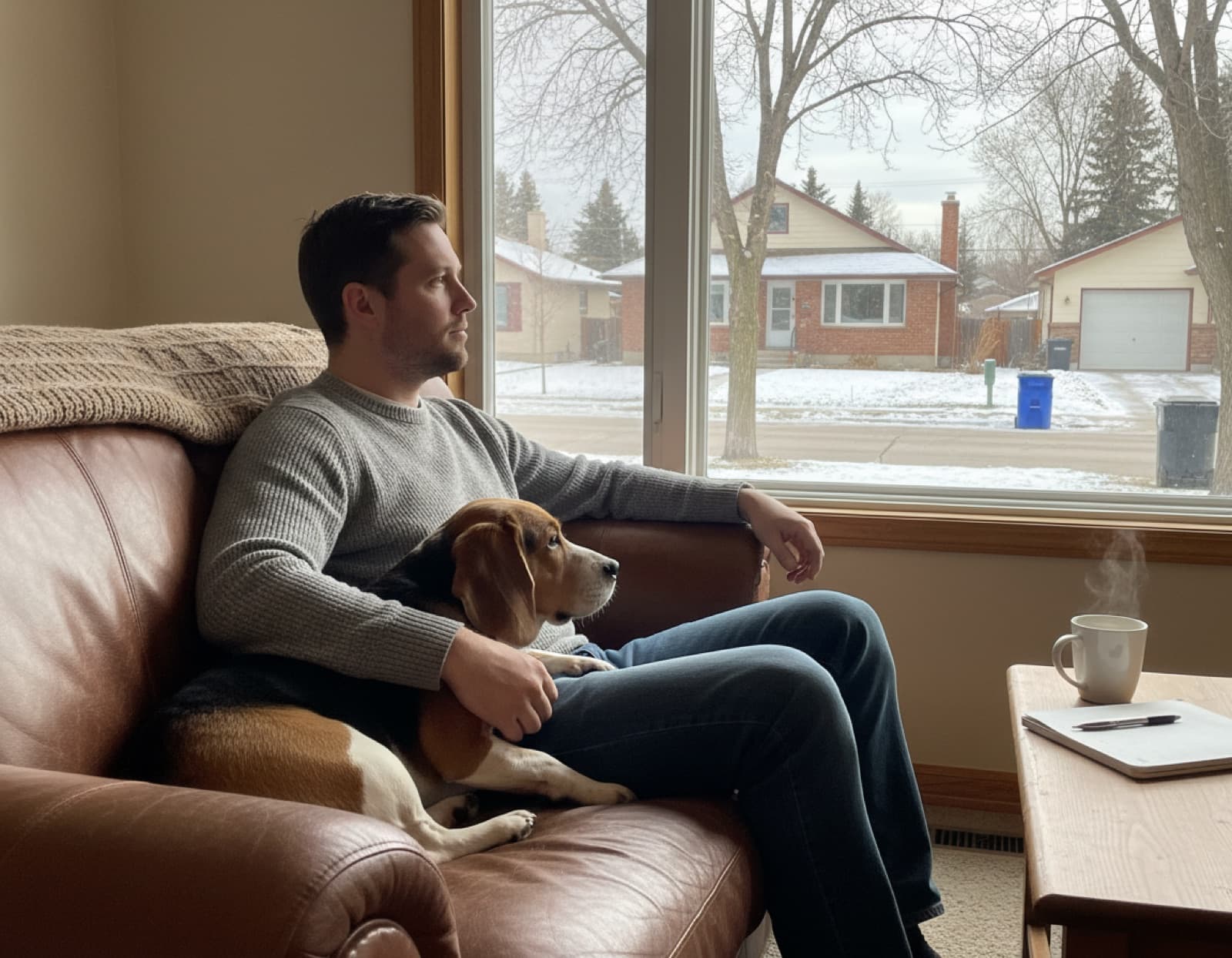 A tricolour Beagle with long ears and a soft expression sitting on a Calgary backyard lawn, showing the breed's sturdy compact build and signature gentle face