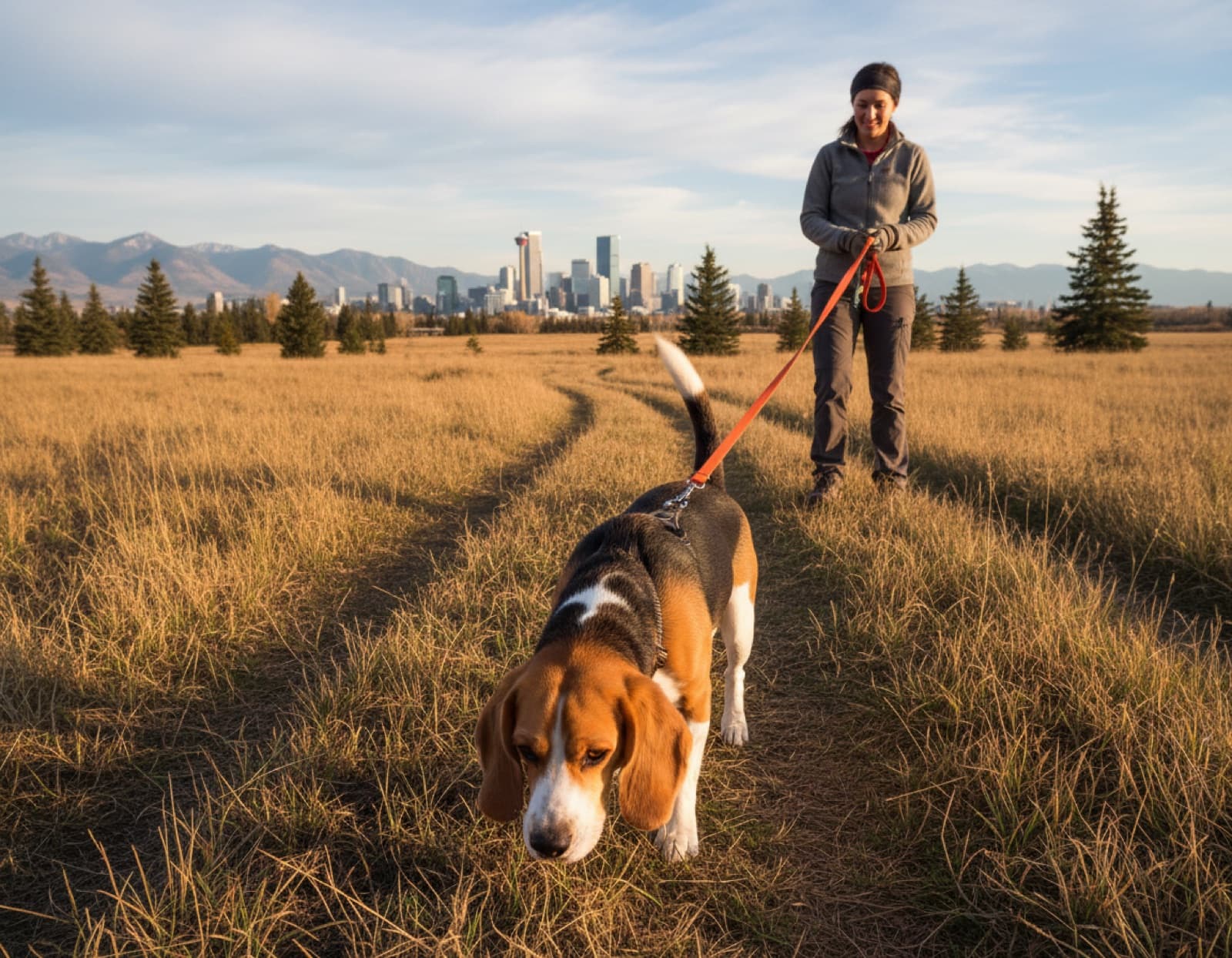 Beagle nose-down on a Calgary prairie trail with owner holding an orange biothane long-line, downtown Calgary skyline and Rockies in the distance