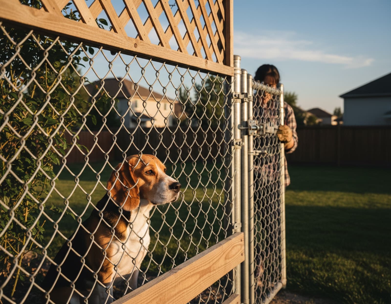 Beagle behind a tall chain-link fence in a Calgary suburban backyard, owner visible behind in late afternoon light
