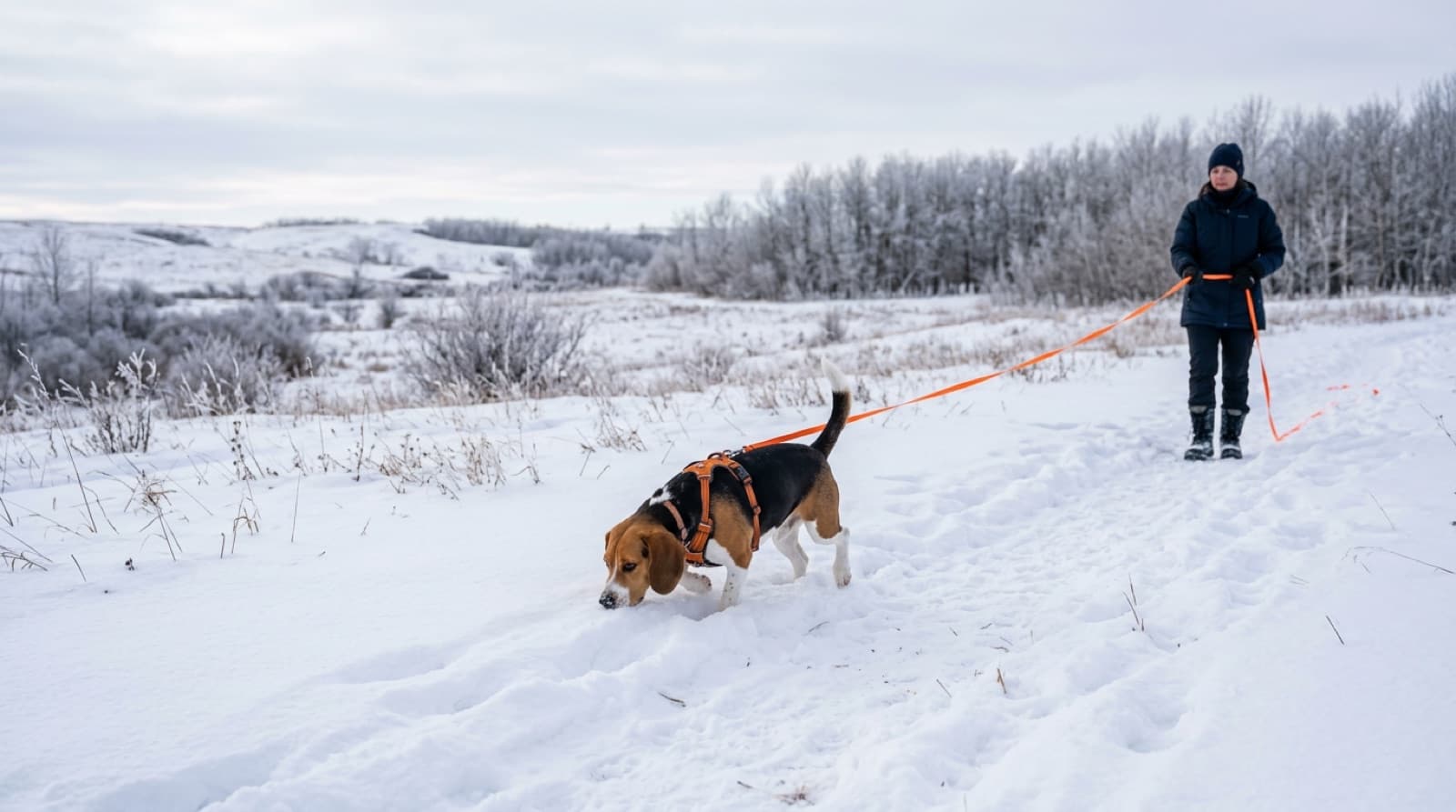 A Beagle on a long line following a scent trail through a snowy Saskatoon field