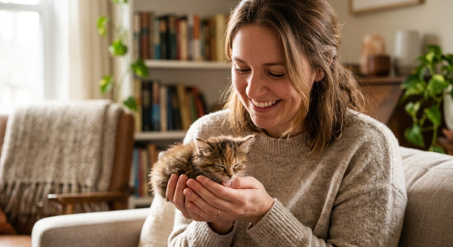 A foster volunteer caring for a kitten in a bright Toronto home