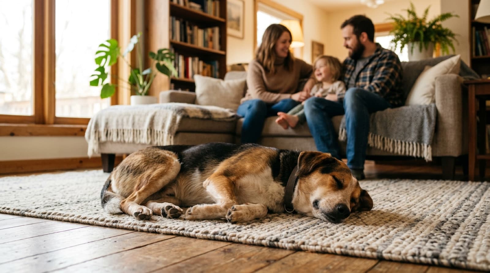 A foster dog relaxing at home with its temporary family in Toronto