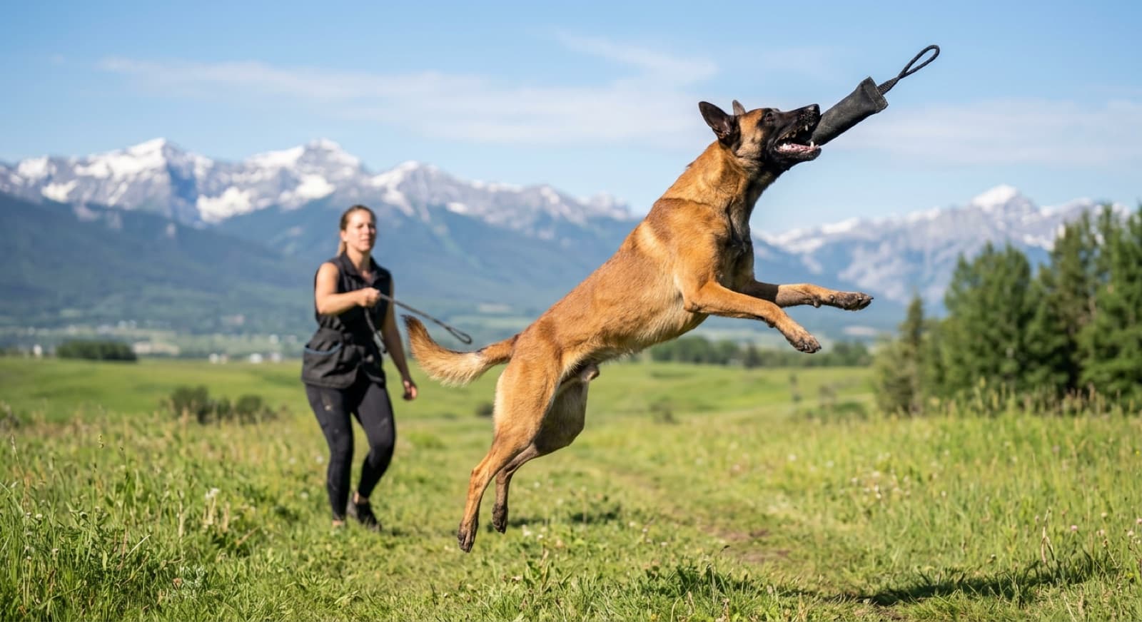 A fawn Belgian Malinois leaping to catch a training toy in mid-air in a Calgary field, full of drive and focus