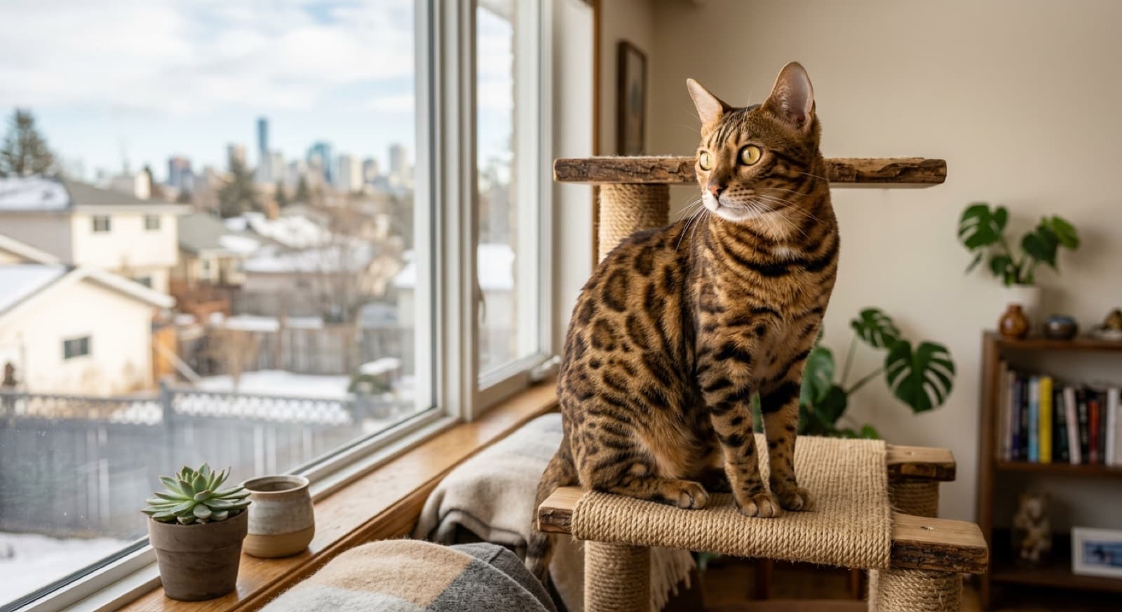 A rosetted brown spotted Bengal cat with high-contrast wild-looking markings perched on a tall cat tree in an Edmonton living room, the kind of high-energy purebred or mix that occasionally lands at Edmonton Humane Society or Zoe's Animal Rescue as an energy-mismatch surrender
