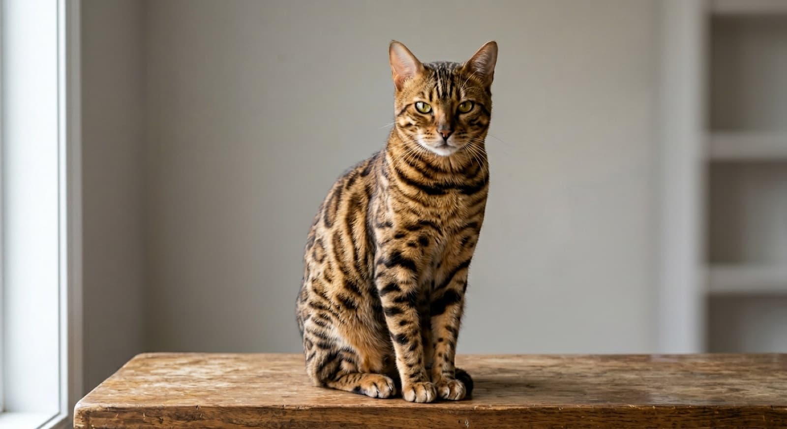 A rosetted brown Bengal cat sitting on an Edmonton apartment windowsill, the recognisable wild-looking but legal SBT F4-plus domestic cat that ethical Canadian breeders sell with TICA paperwork