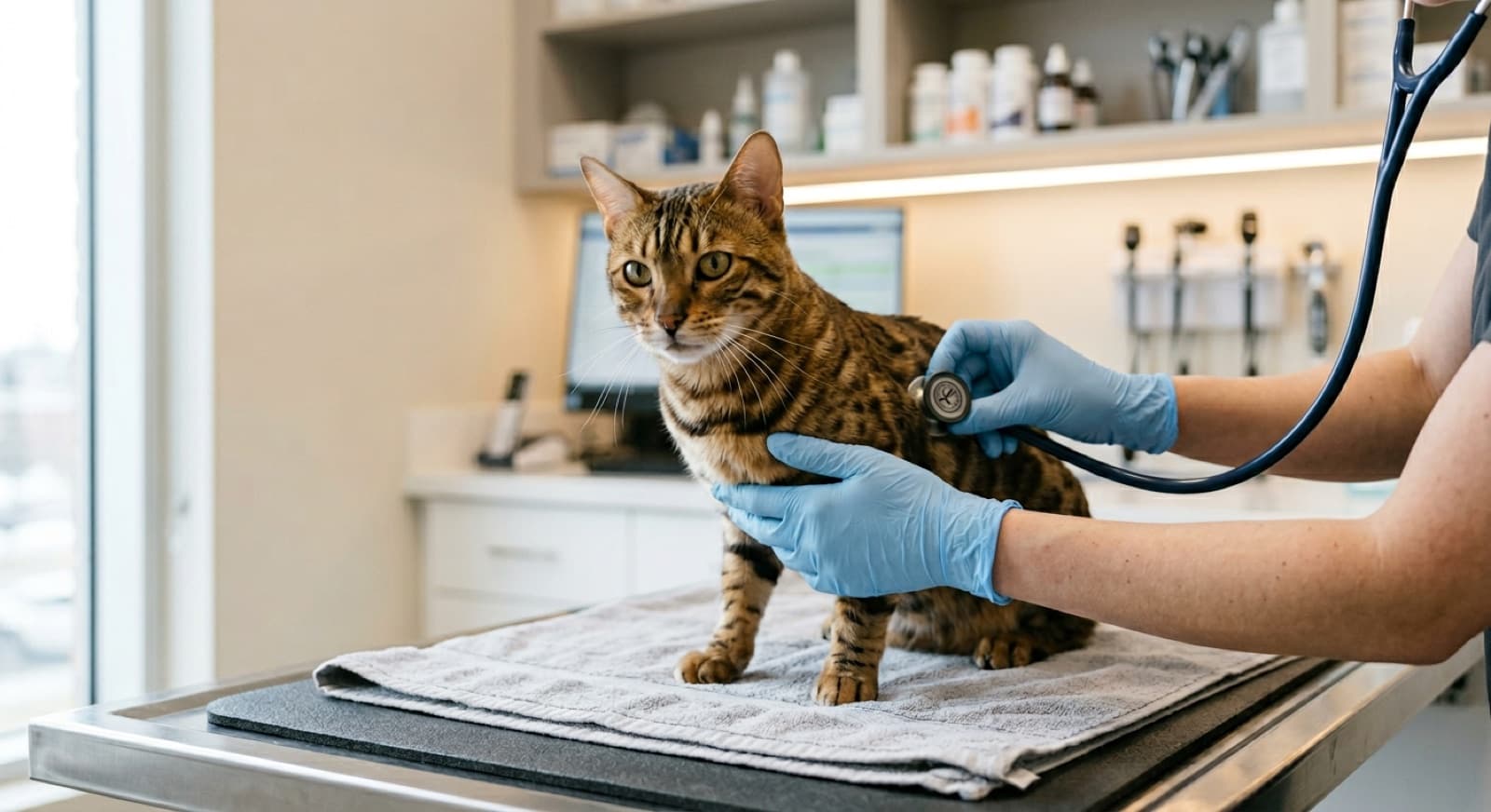 A healthy adult Bengal cat with rosette markings being examined by a veterinarian with a stethoscope during an annual cardiac wellness check at an Edmonton veterinary clinic