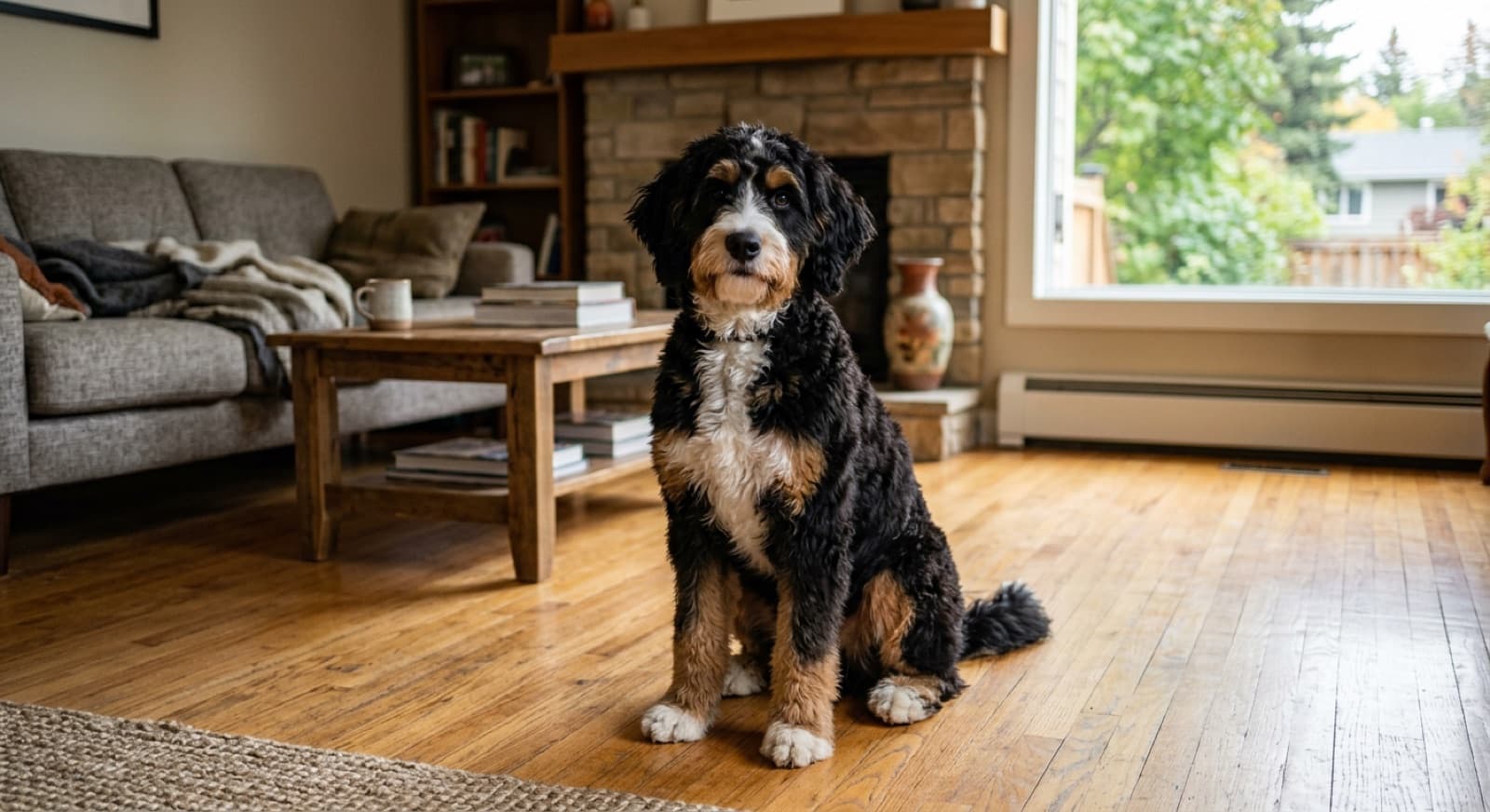 An adult Bernedoodle with classic tricolour black-white-and-tan coat and wavy fleece texture sitting on a hardwood floor in an Edmonton home interior