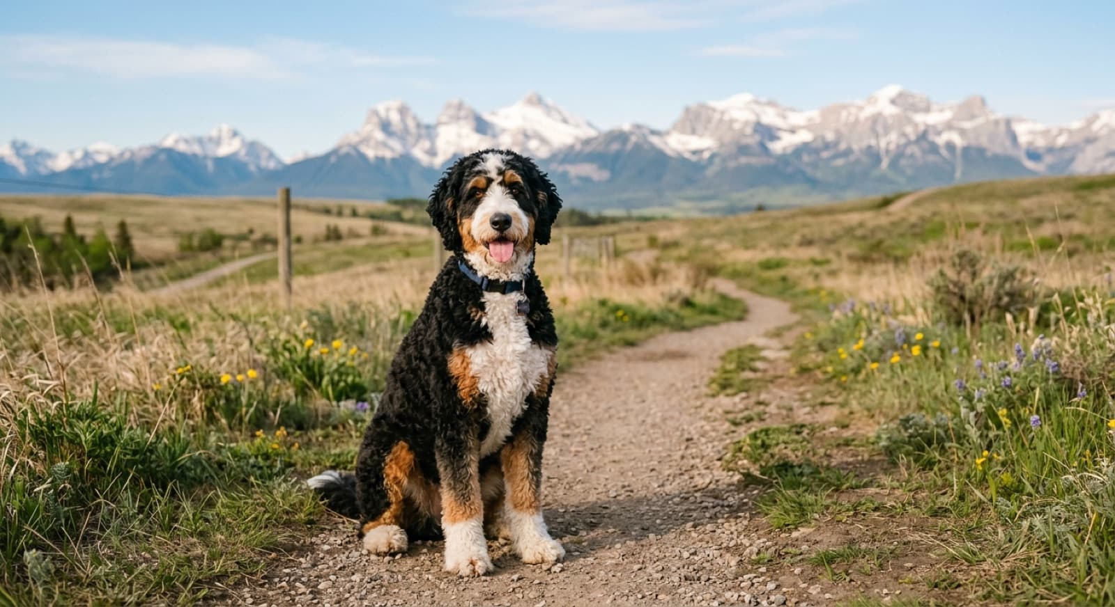 A tri-colour Standard Bernedoodle with a curly black, white, and rust coat sitting on a Calgary off-leash trail in spring, Rocky Mountains in the distance