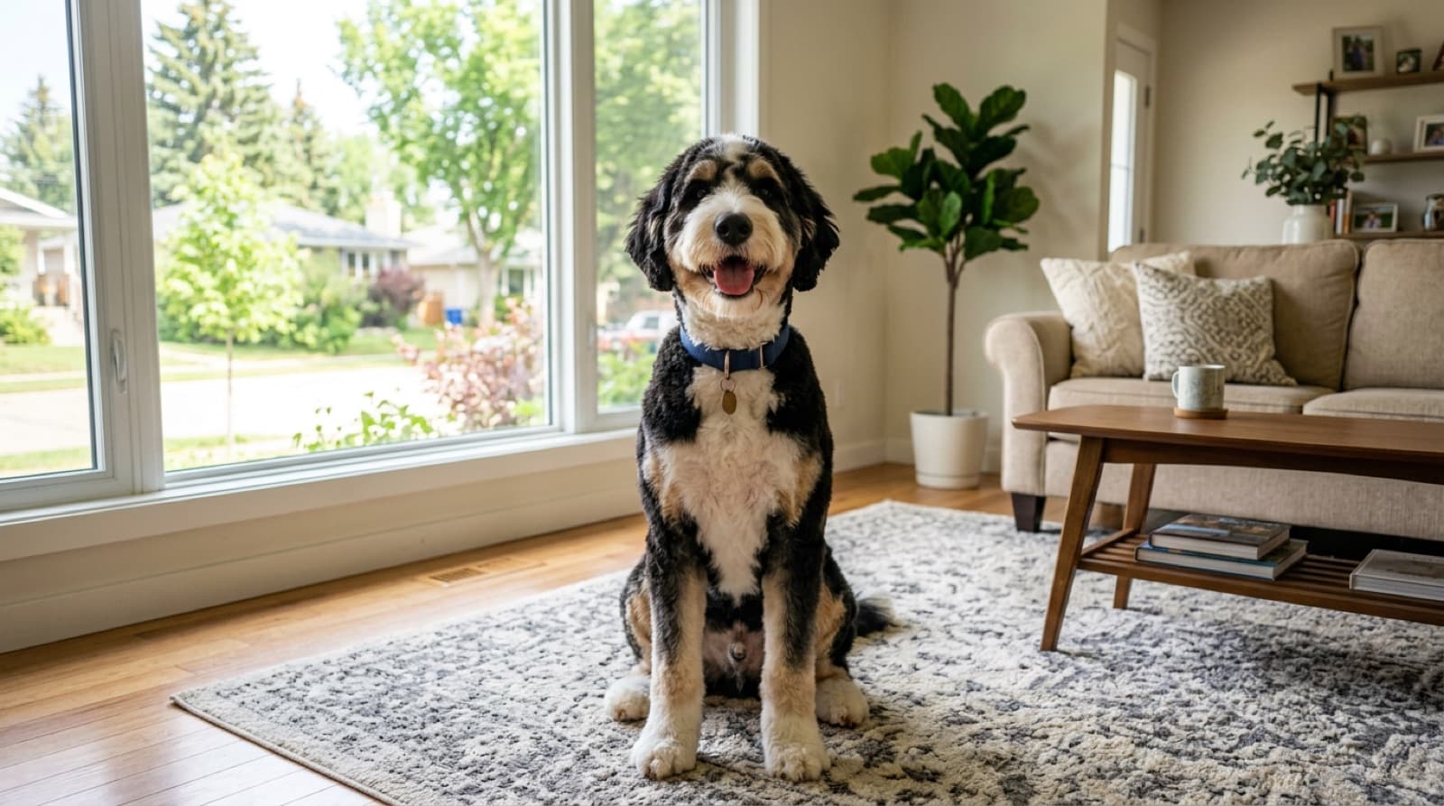 A freshly groomed large Bernedoodle with a tidy clipped coat sitting happily in a bright Edmonton home