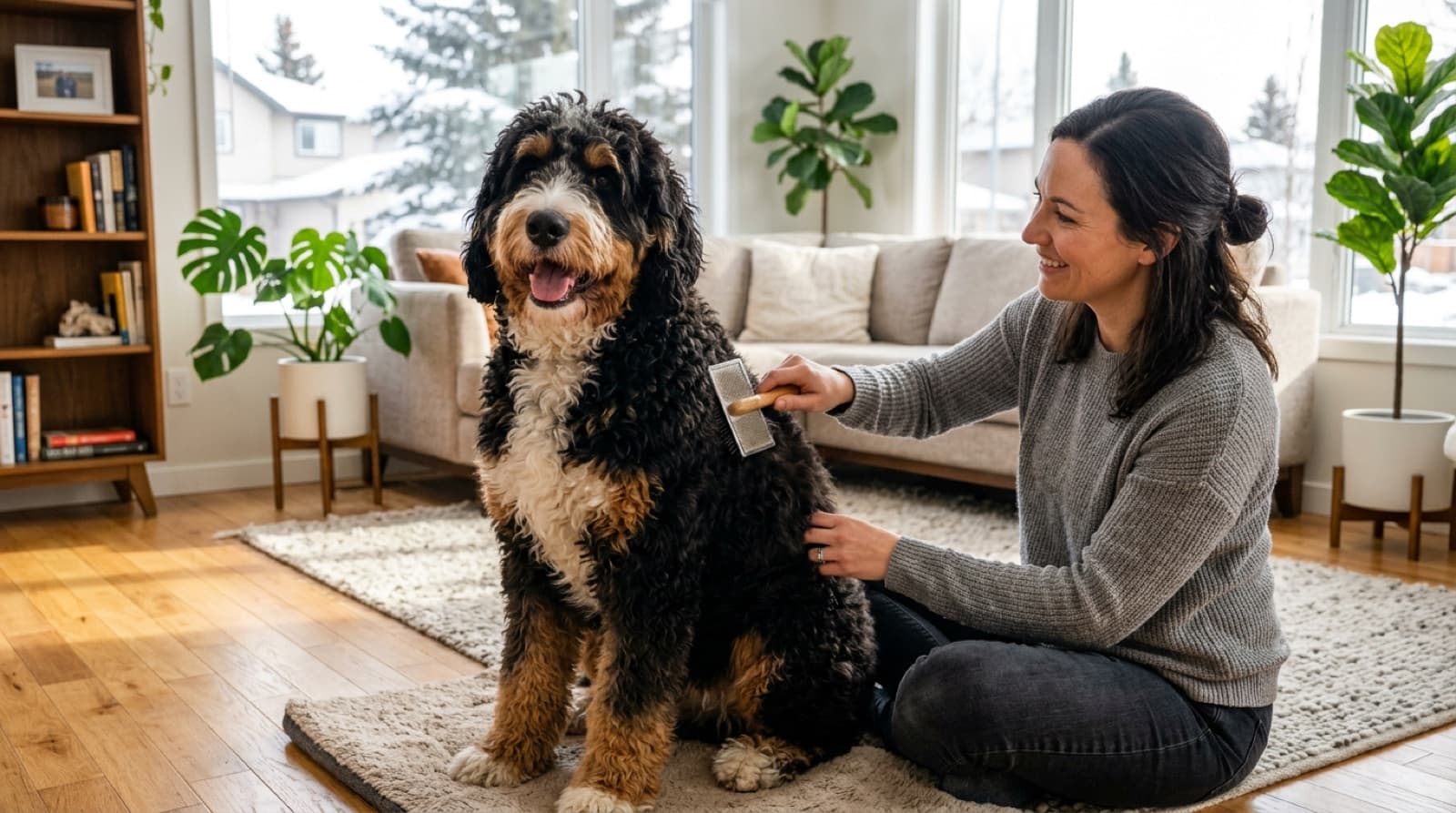 A large curly tricolour Bernedoodle being brushed with a slicker brush by its owner in a bright Edmonton home
