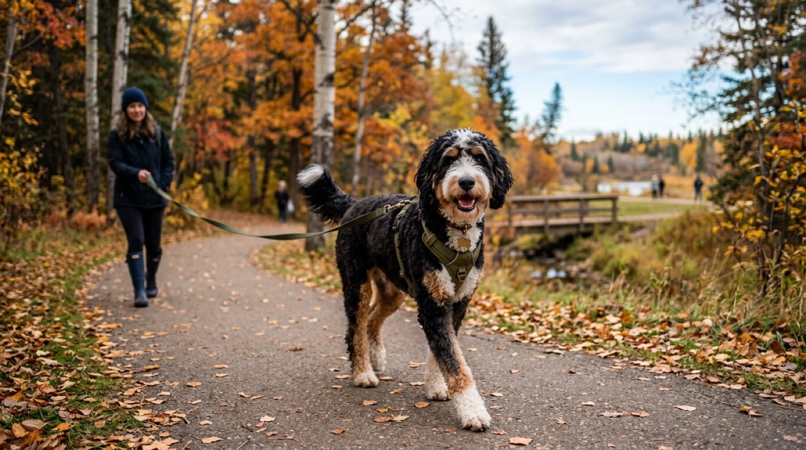 A happy, lean large Bernedoodle on a leash outdoors in an Edmonton park in cool weather