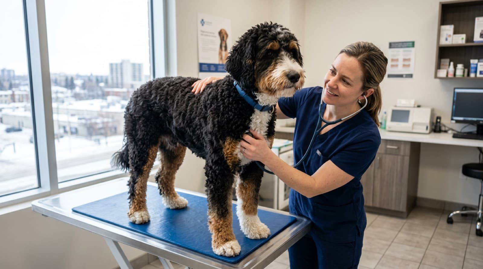 A large curly tricolour Bernedoodle being examined by a veterinarian at a bright Edmonton clinic