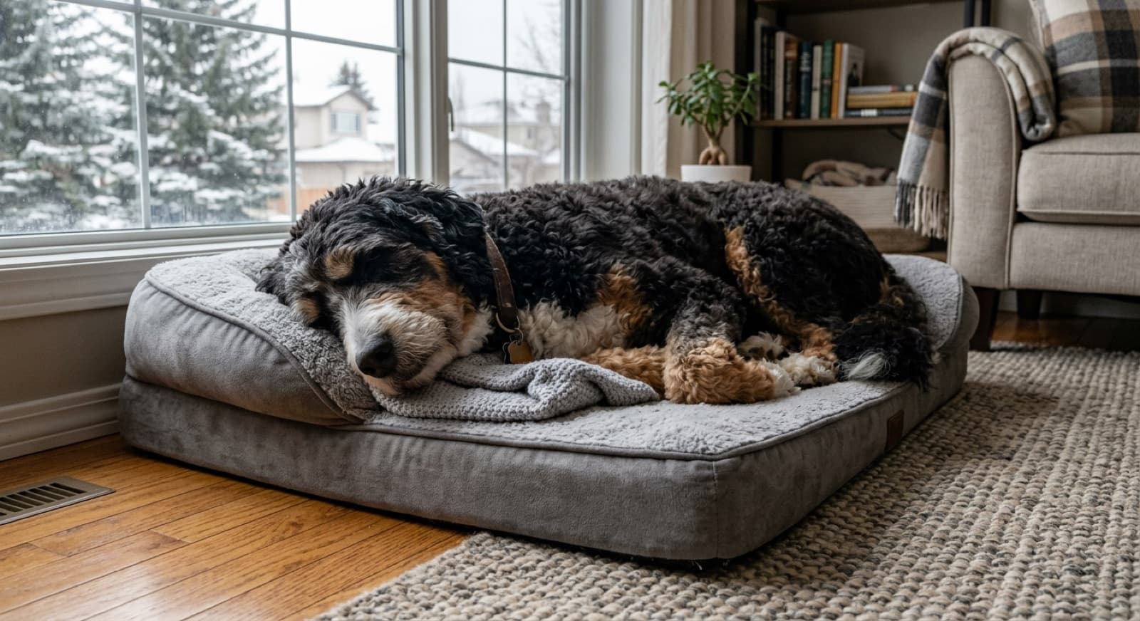 A healthy adult Bernedoodle sitting calmly at a Calgary veterinary clinic during a routine wellness exam