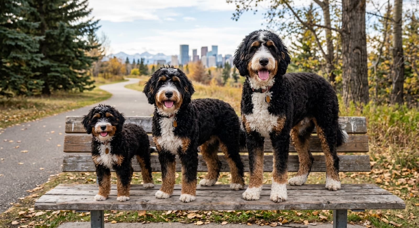 A Tiny Bernedoodle, Mini Bernedoodle, and Standard Bernedoodle sitting together at a Calgary park, illustrating the dramatic size range from 10 to 90 lbs across the three Bernedoodle size varieties for adopter household-fit comparison
