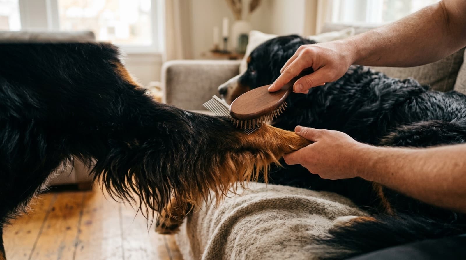 Close-up of a Bernese Mountain Dog's leg feathering being brushed and combed