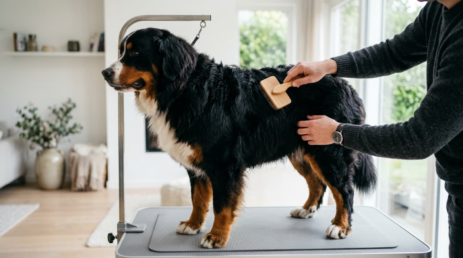 A Bernese Mountain Dog being brushed on a grooming table in a bright home