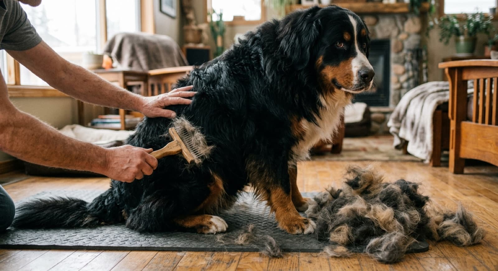 Bernese Mountain Dog being brushed with an undercoat rake during spring coat blow in Calgary
