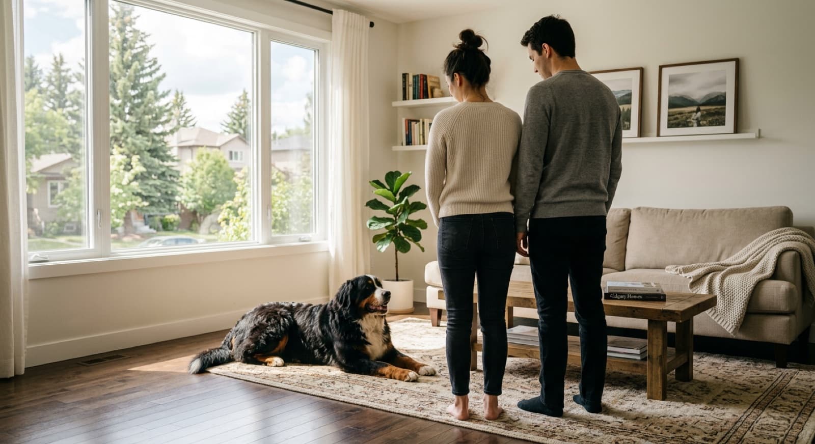 An adult Bernese Mountain Dog resting calmly in a Calgary living room, showing the breed's gentle giant temperament and tricolor coat