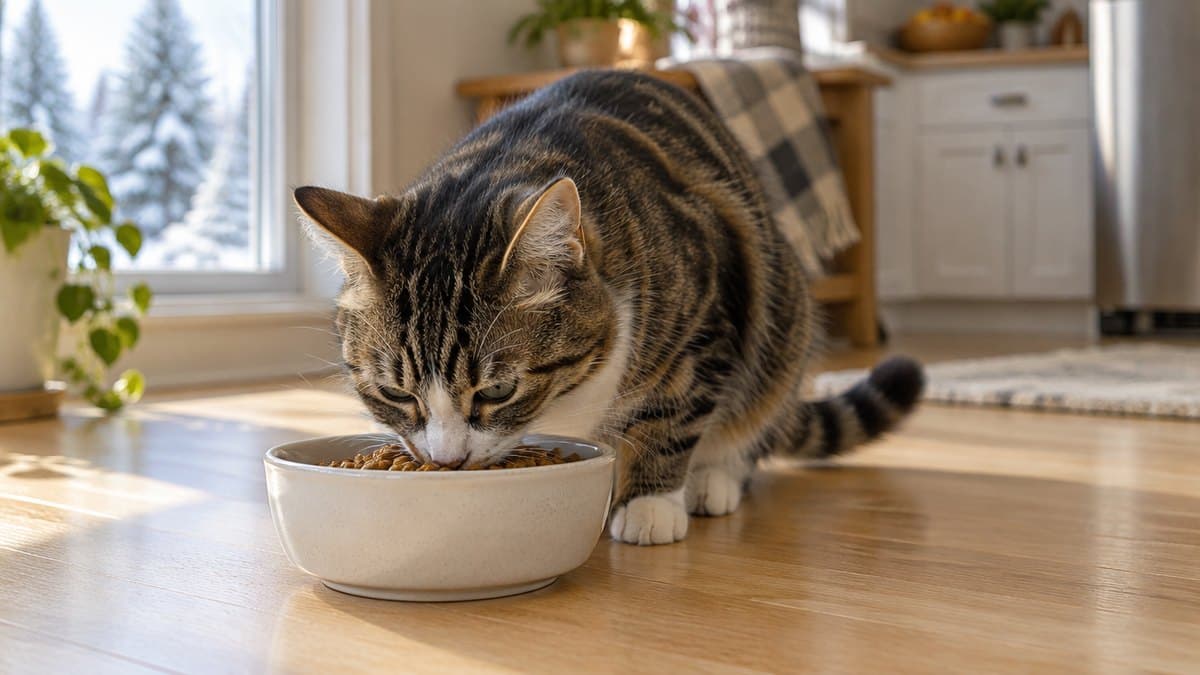 A tabby cat eating dry food from a ceramic bowl on a kitchen floor beside a window