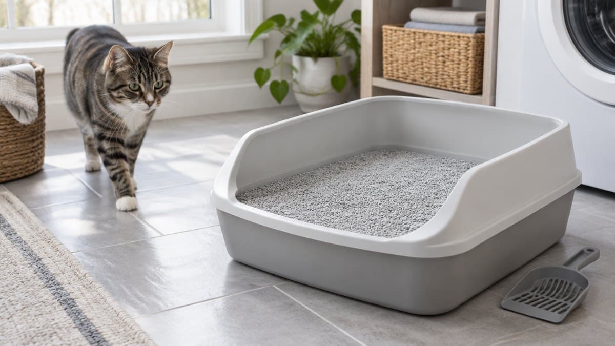 A clean open-top litter box with fresh clumping litter and a scoop, with a tabby cat approaching