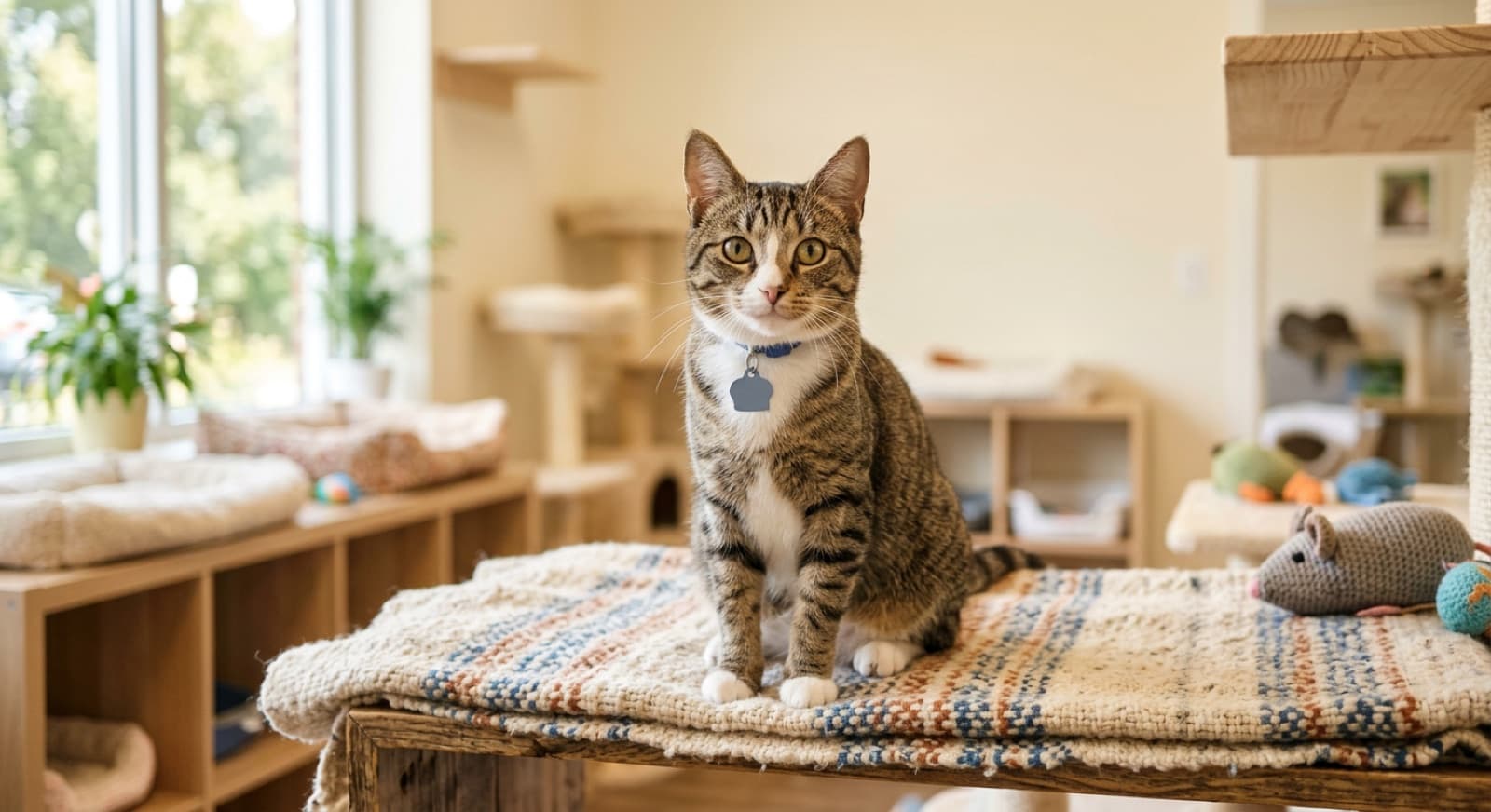 A friendly tabby cat on a cozy blanket in a bright Saskatoon cat-adoption room