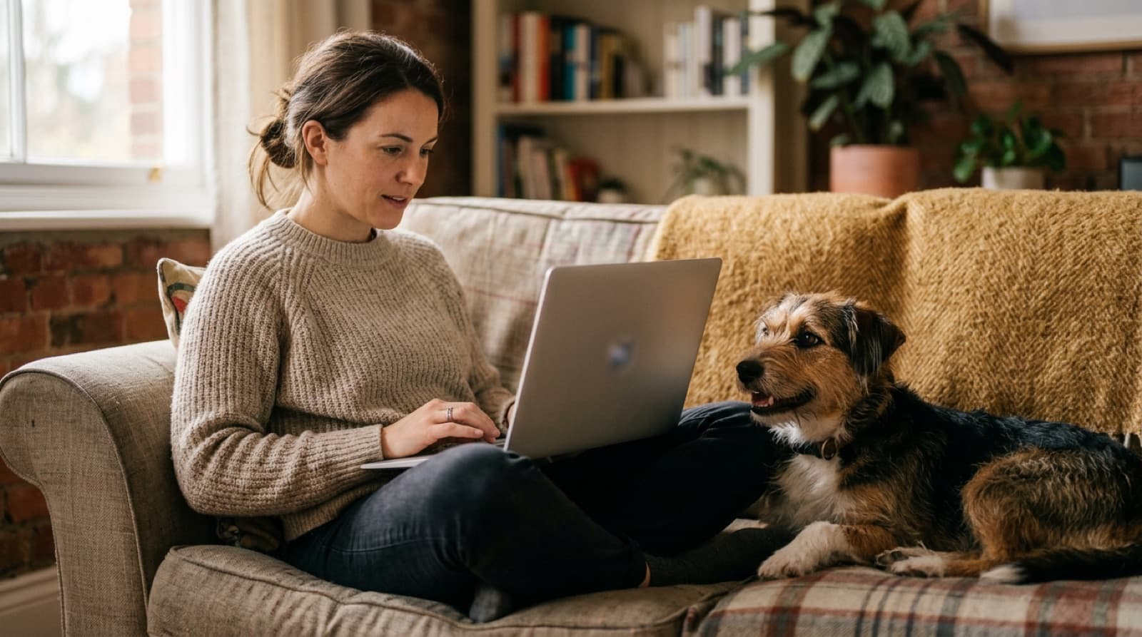 A dog owner reviewing dog information on a laptop with a mixed-breed dog beside them
