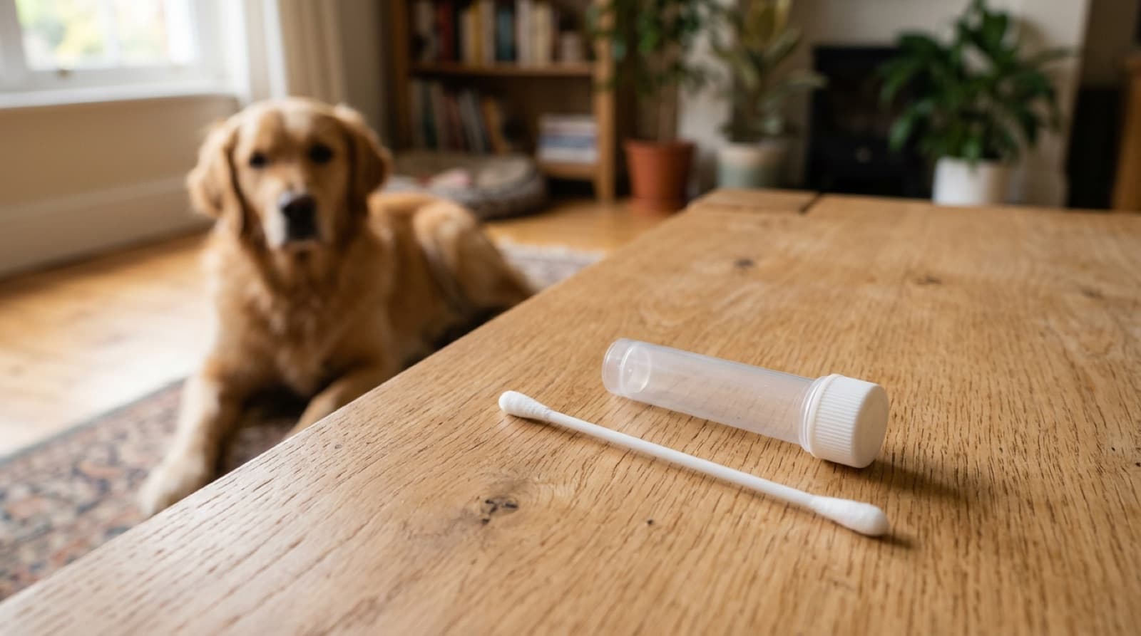 An unbranded dog DNA cheek-swab test kit laid out on a table with a dog nearby