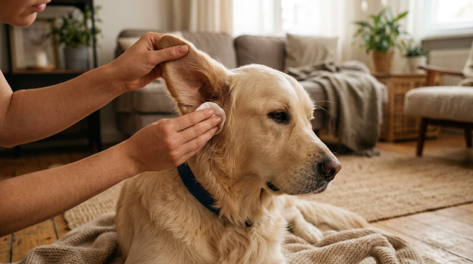 A dog having its ear gently checked and cleaned by a person at home