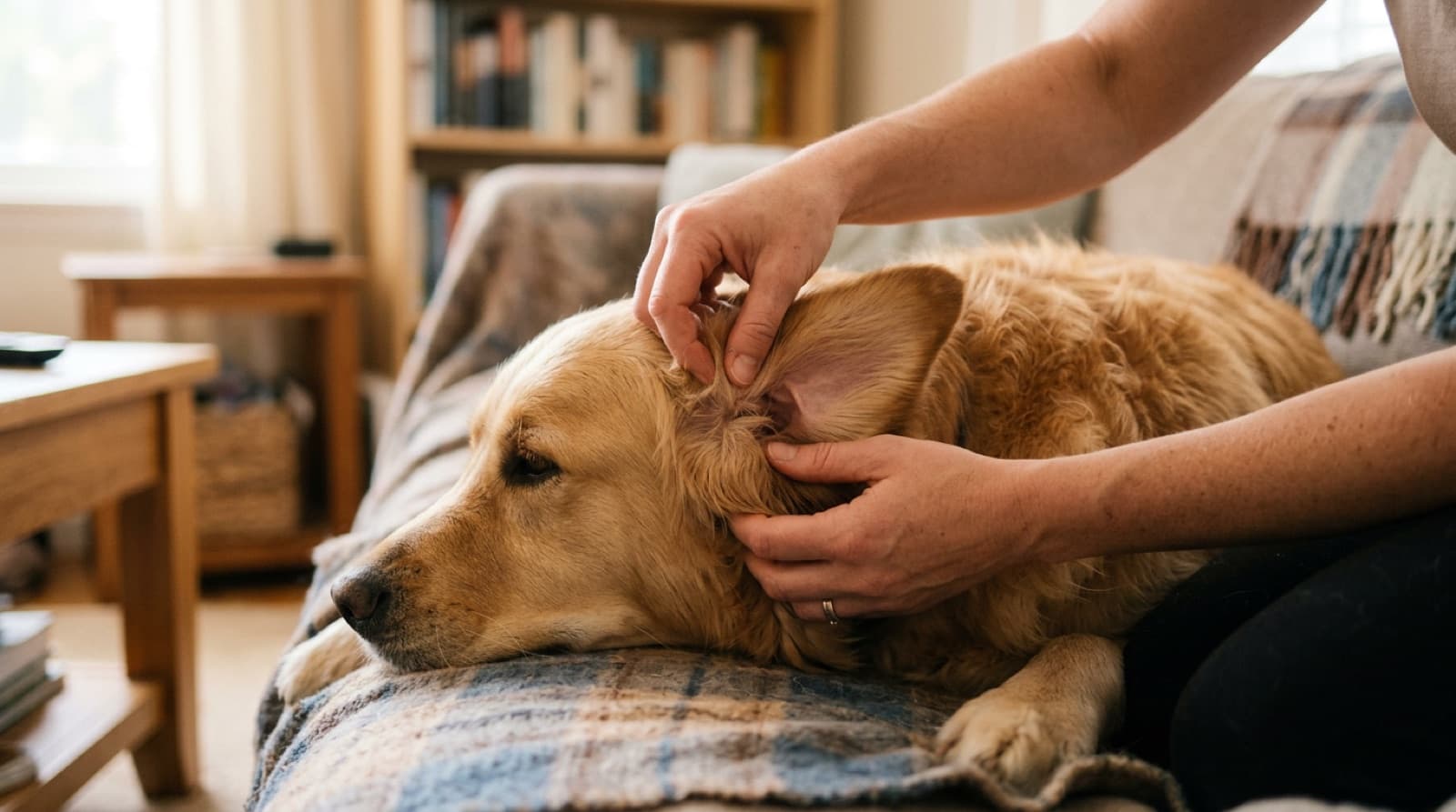 Close-up of a person wiping a dog's outer ear with a cotton pad after applying cleaner