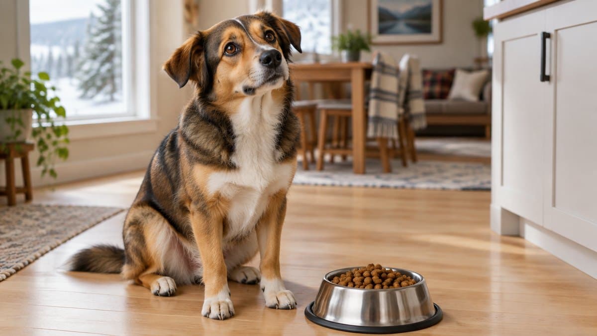 A mixed-breed dog sitting beside a stainless steel bowl of kibble on a kitchen floor