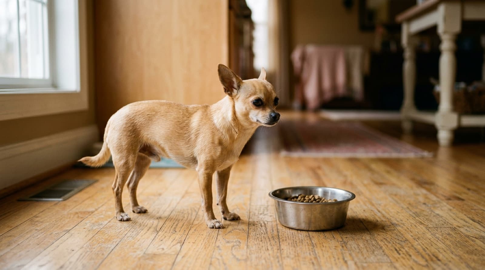 A small tan Chihuahua standing beside a food bowl on a kitchen floor