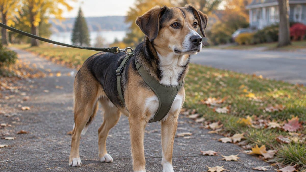 A mixed-breed dog wearing a well-fitted walking harness on a neighbourhood path