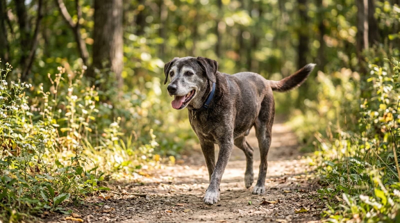 A healthy lean senior dog walking comfortably outdoors on a trail