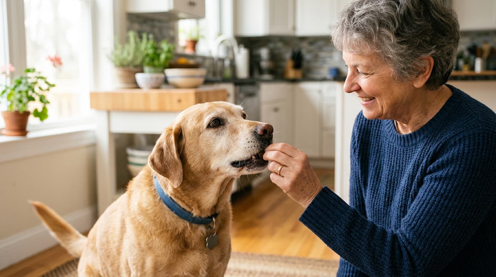 An older dog taking a supplement mixed into food from its owner's hand in a bright kitchen