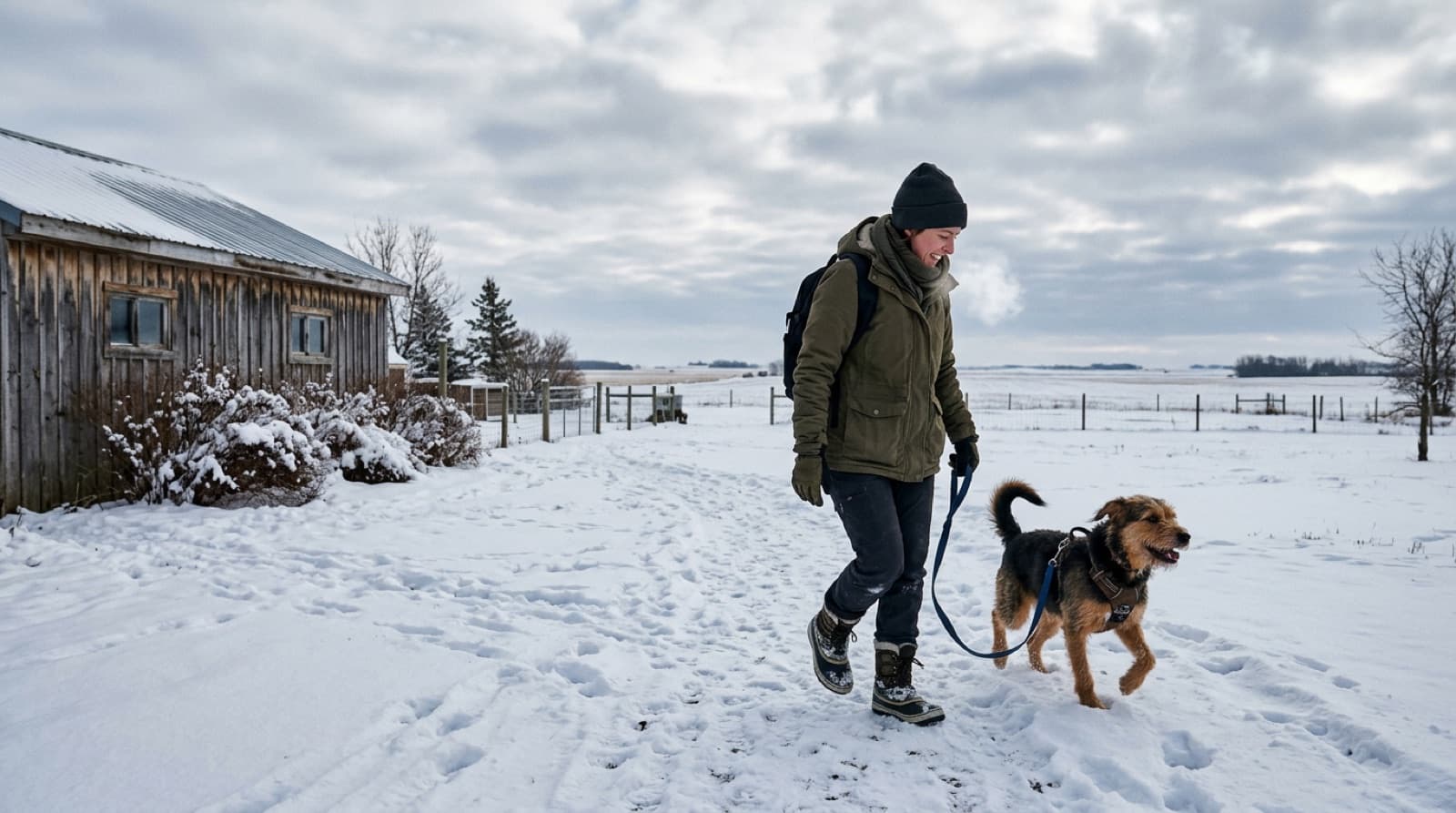 A rescue dog on a snowy prairie trail near Brandon, Manitoba