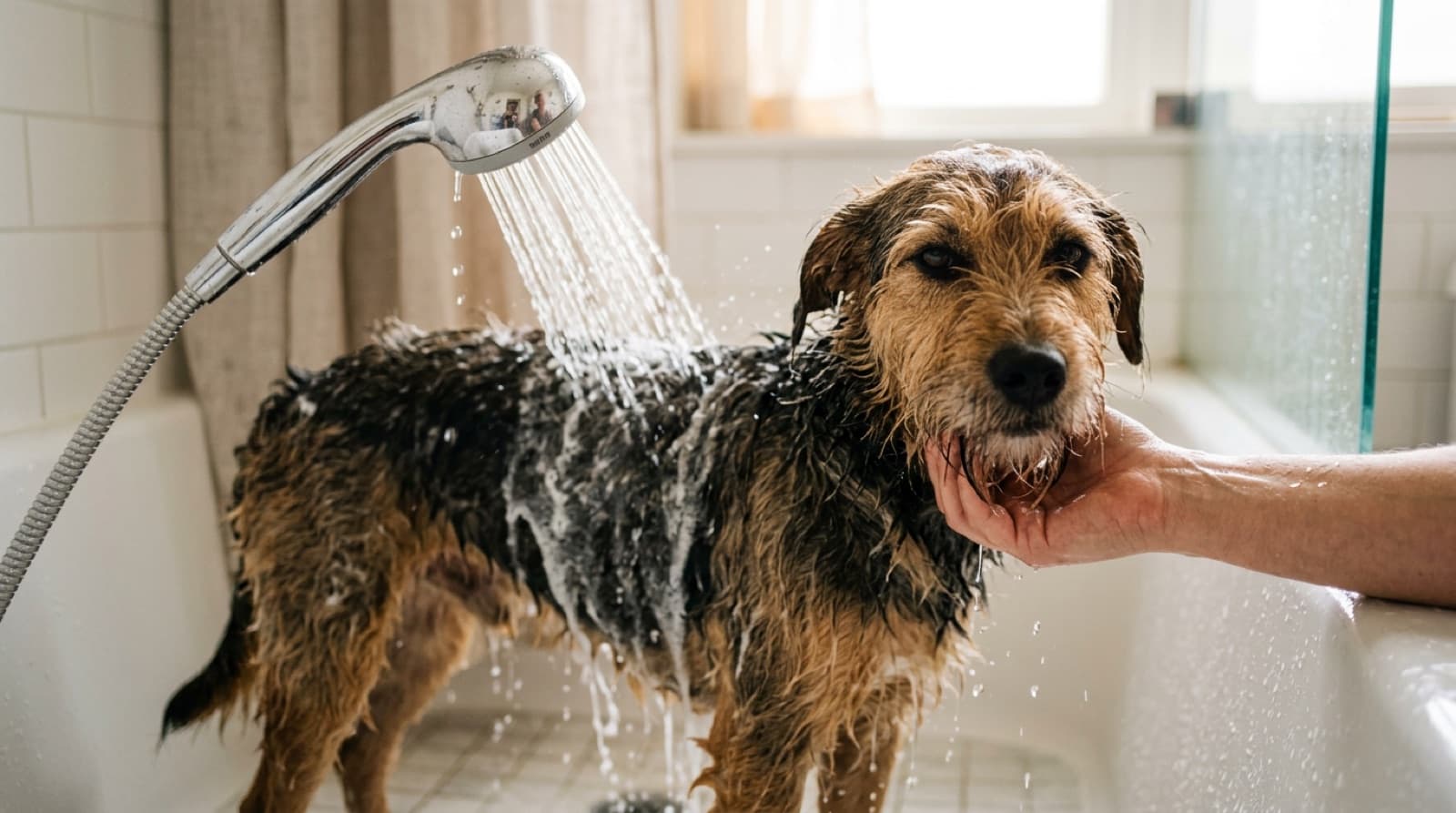 A dog being rinsed thoroughly in a bath, water running clear