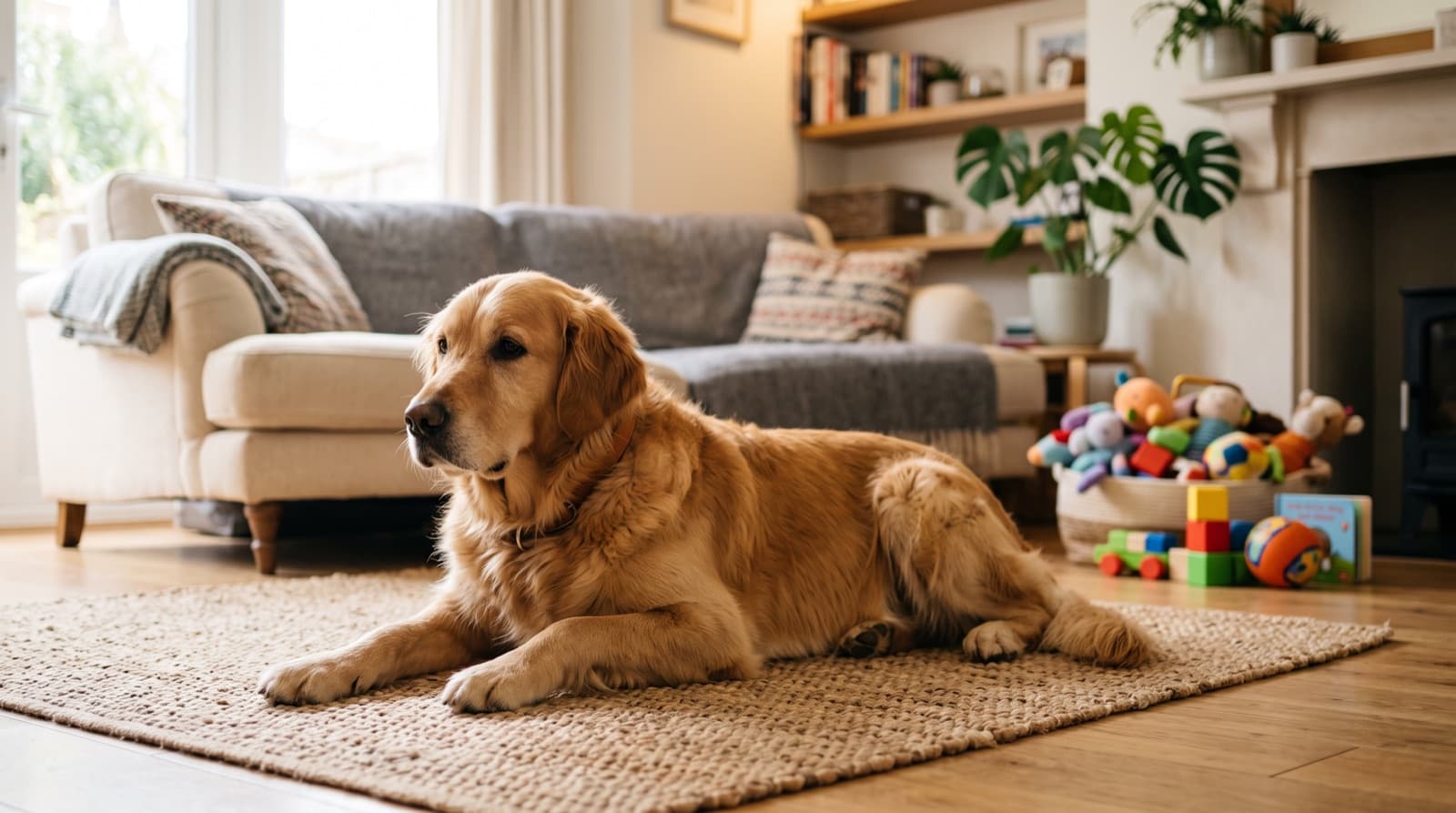 A large calm dog lying patiently on the floor of a family living room