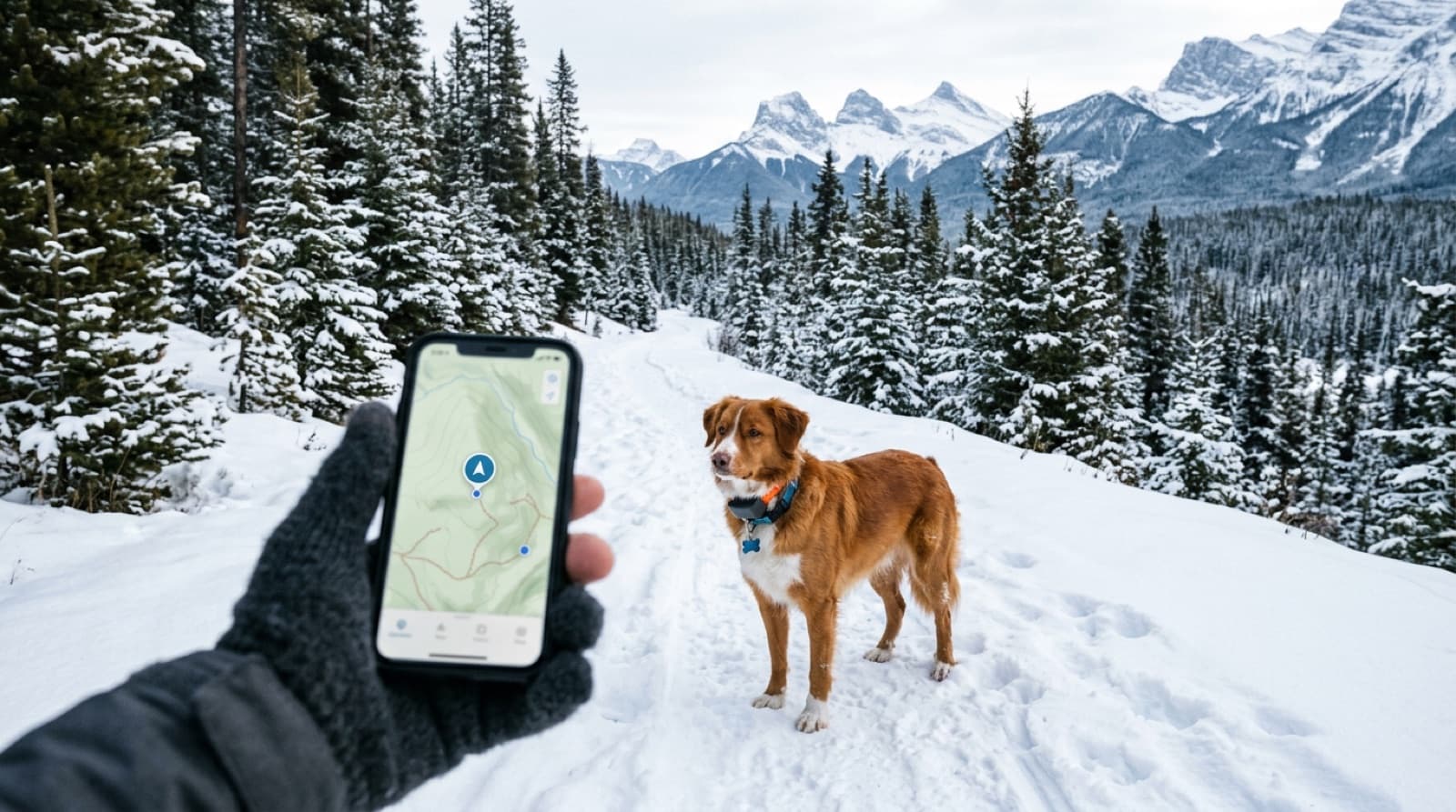Dog wearing a GPS tracking collar on a snowy trail with a phone showing a live map