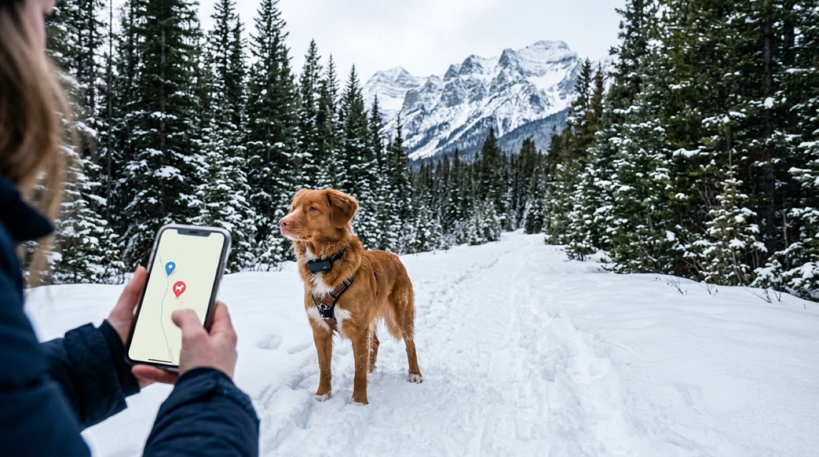 Owner checking a live dog-tracking map on a phone outdoors in a snowy Canadian winter