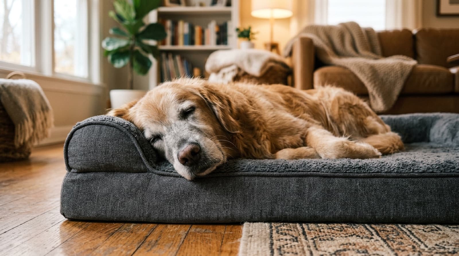 A large senior dog resting comfortably on a thick memory-foam orthopedic bed in a warm home