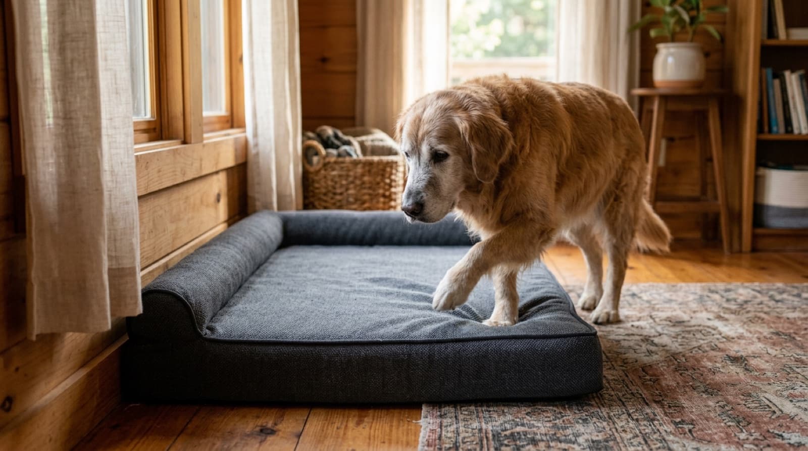 A thick orthopedic dog bed placed in a warm corner away from cold floors, a senior dog stepping onto it easily
