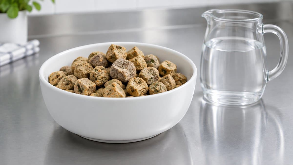 Freeze-dried raw dog food nuggets in a bowl on a stainless steel counter