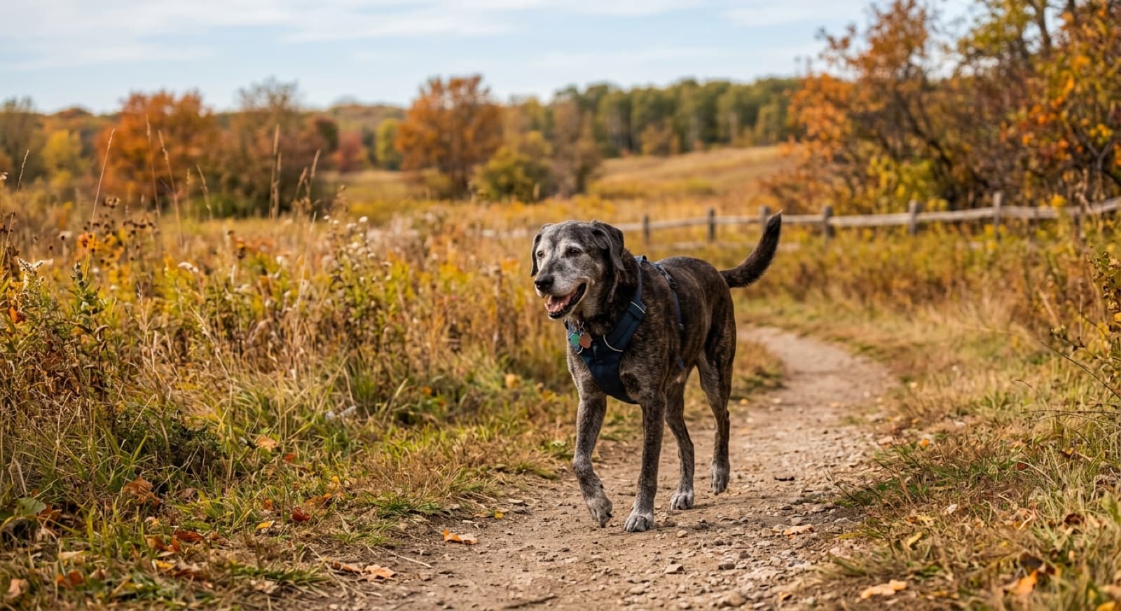 An older grey-muzzled dog walking outdoors on a trail, staying lean and active in its senior years