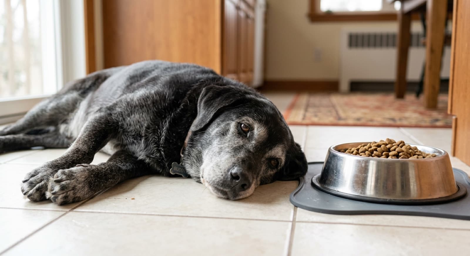 A grey-muzzled senior dog with a calm expression lying near a food bowl on a kitchen floor