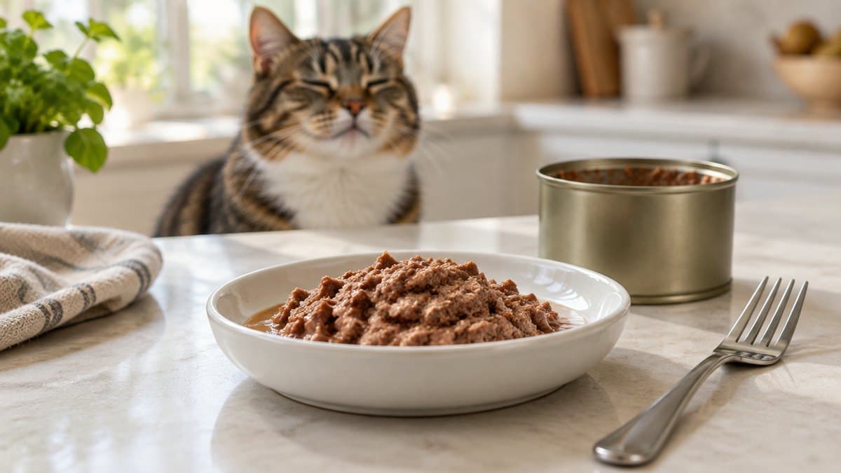 A shallow dish of pâté-style wet cat food on a kitchen counter with a cat waiting in the background