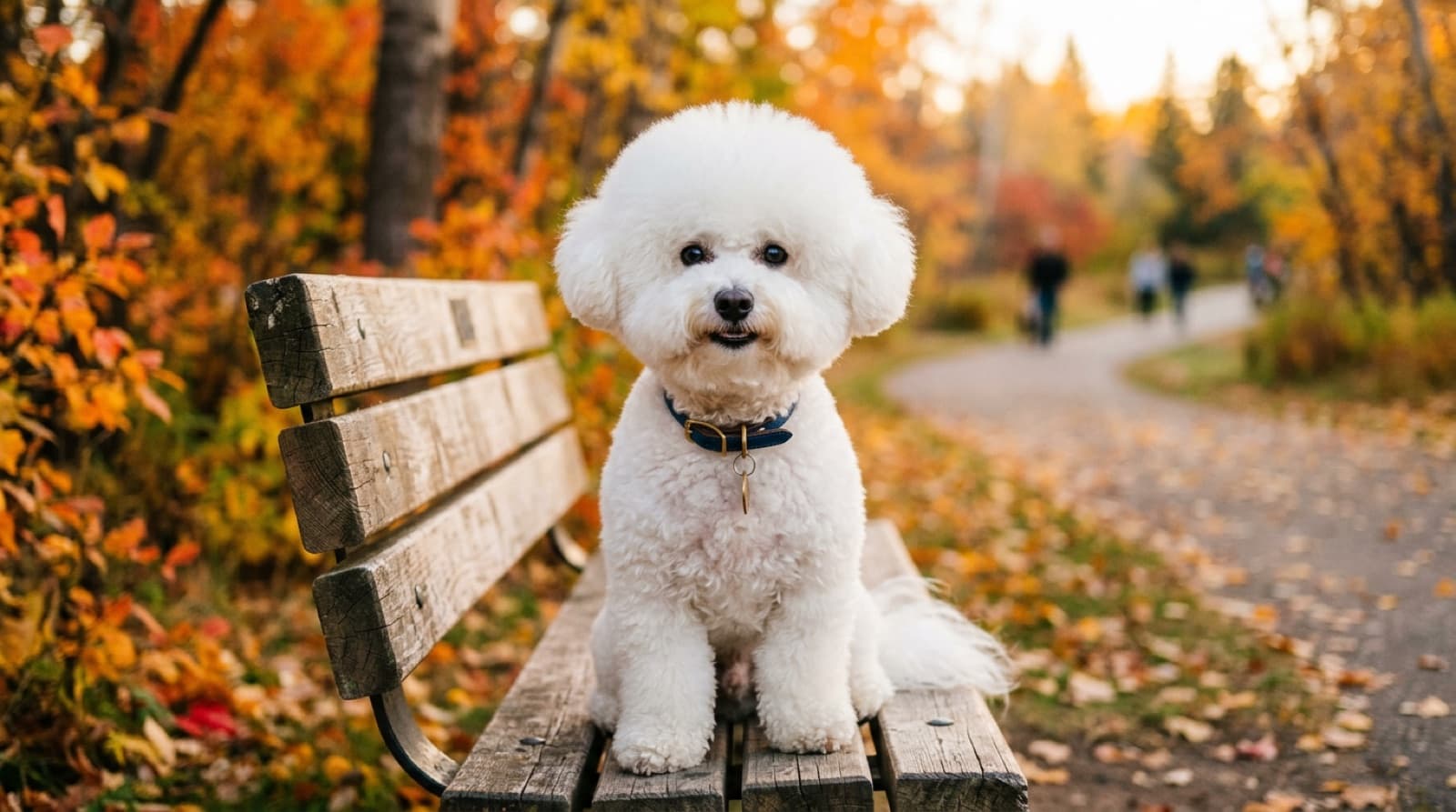 A white Bichon Frise with a rounded teddy-bear clip sitting on a Calgary apartment balcony, downtown skyline visible in the background