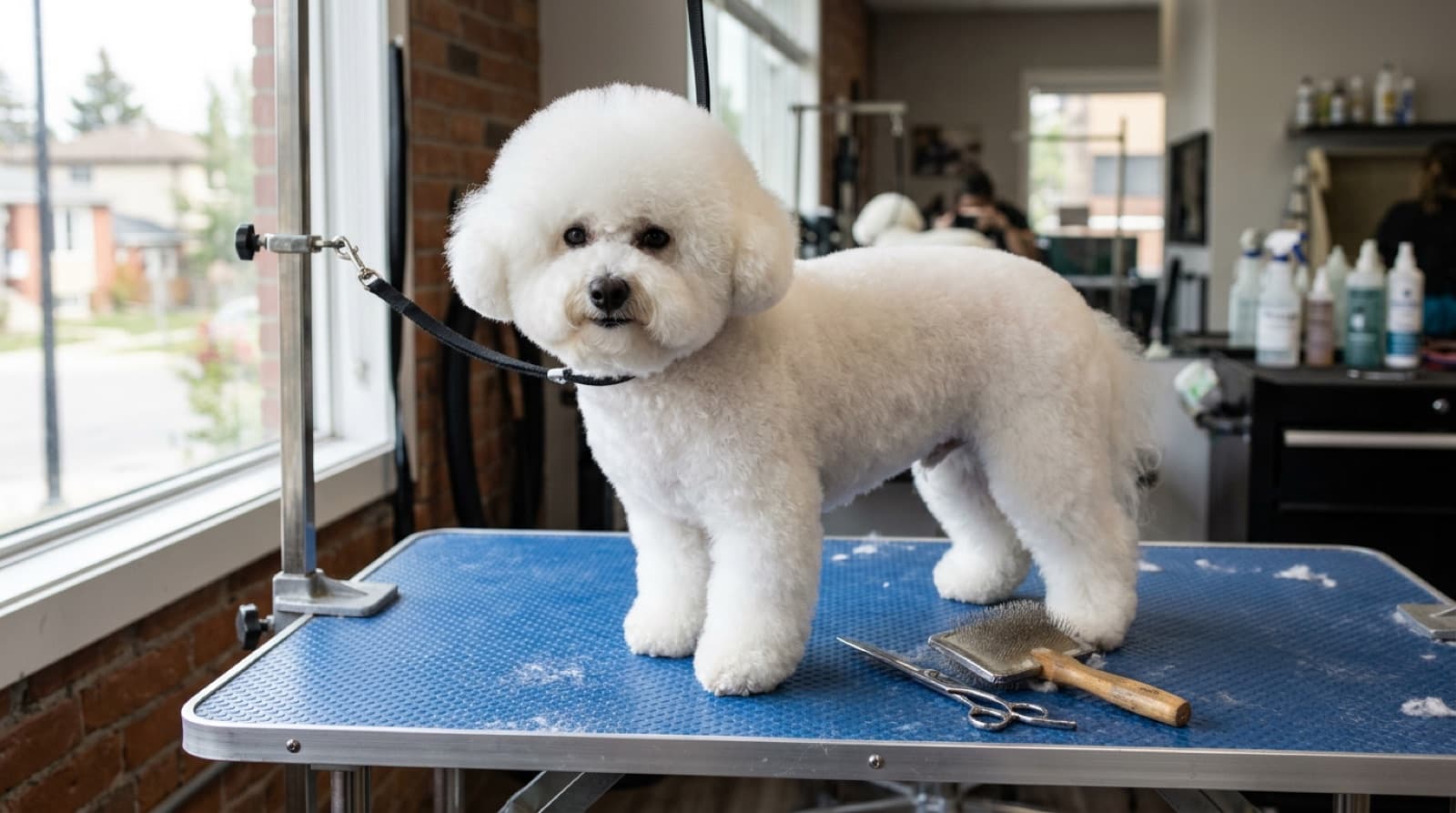 A Bichon Frise with a freshly scissored powder-puff cut standing on prairie grass with the Calgary skyline in the distance, showing the round head and white cottony double coat that defines the breed look