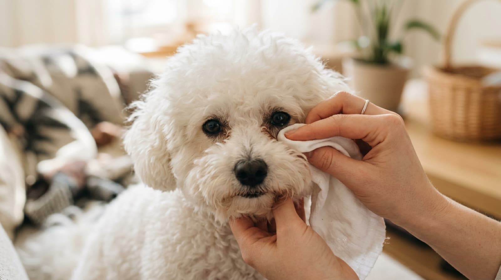 Close-up of a Bichon Frise face being gently cleaned around the eyes